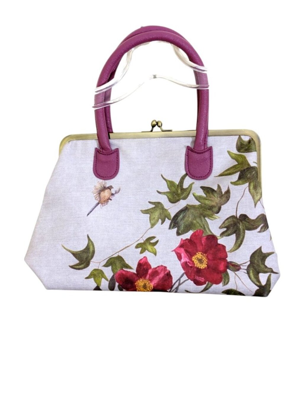 Vintage Claire Fontaine Floral Bird Kiss Lock Frame Canvas Handbag Beige Summer